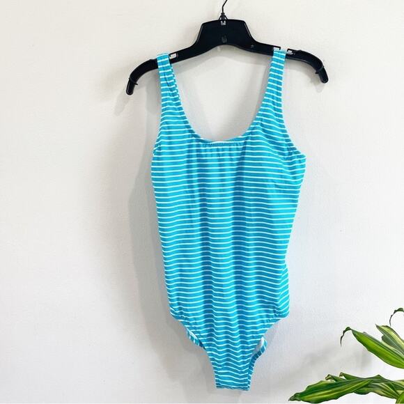Amazon Essentials Blue White Striped One Piece Swimsuit NWT Size Large - Picture 1 of 7